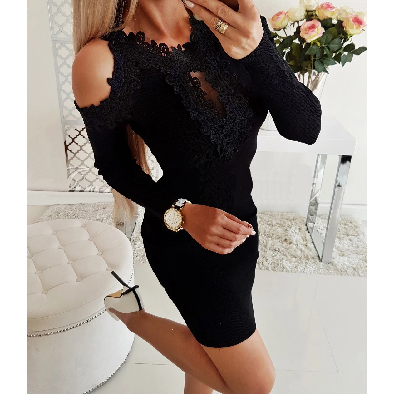 

Women Mini Dress Overall Lace Dress Patchwork Hollow Femme Robe Spring New Cold Shoulder Bodycon Backless Club Grey Party M0549