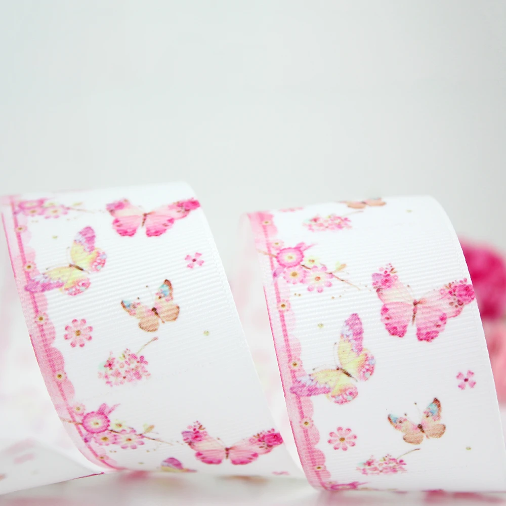 50yards White Pattern Pink Butterfly Flower Printed Polyester Grosgrain Ribbon 9mm Decorative