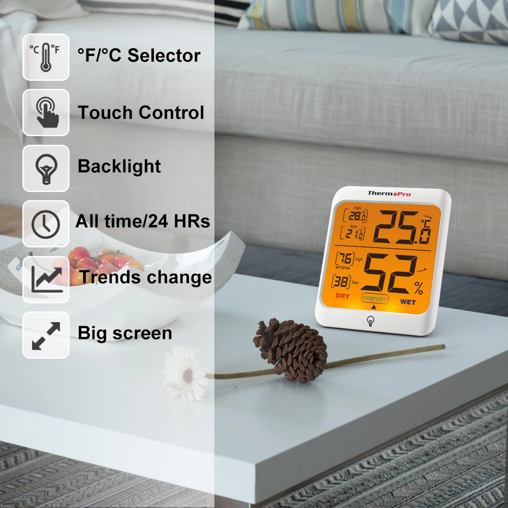 ThermoPro TP53 Thermomètre hygromètre professionnel pour intérieur, maison,  mesureur d'humidité et de la température ambiante, numérique, avec touche