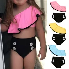 Летний комплект бикини с оборками оборки на одно плечо для маленьких девочек, однотонные топы+ шорты, купальный костюм, купальный костюм