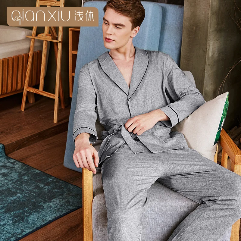 Qianxiu autumn pajamas men cotton gray color lapel Cardigan sleepwear men splicing cuff mens