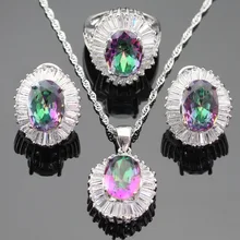 Разноцветные радужные кристаллы белый кубический цирконий серебряный цвет комплекты украшений для женщин серьги ожерелье Кулон Кольцо подарочная коробка