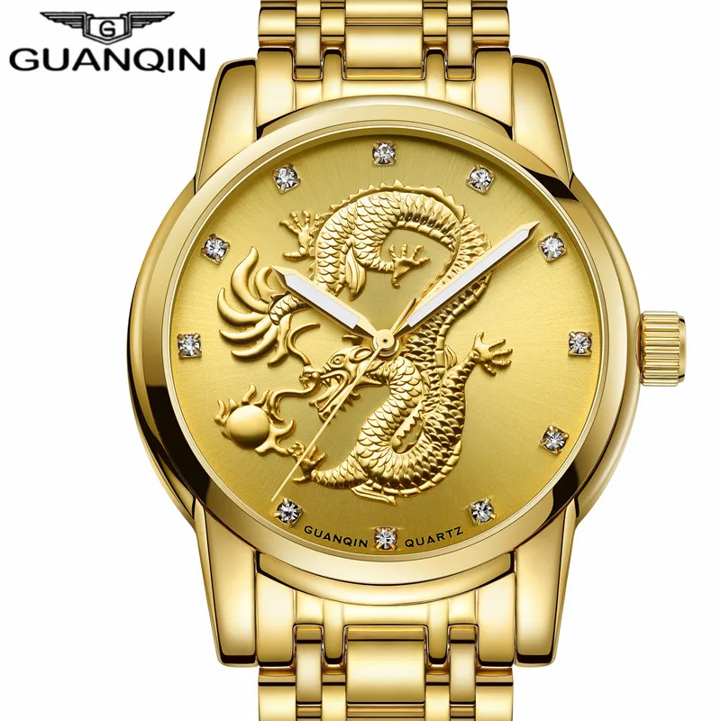 

GUANQIN Brand Men Watch Golden Chinese Zodiac Dragon Stainless Steel Waterproof Watch Men Business Wristwatch Relogio Masculino