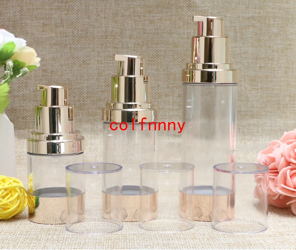 

500pcs/lot Pale Gold Empty Cosmetic Container Airless Pump Plastic Bottles Makeup Tools Lotion Refillable Bottle 15ml 30ml 50ml