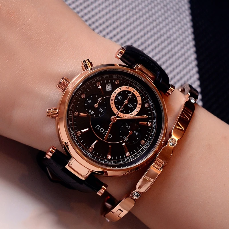 Najtaniej Moda GUOU marka prawdziwe 3 oczy wodoodporna skóra lub stal z różowego złota analogowy kalendarz na rękę Wrist Watch dla kobiet dziewczyn