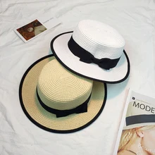 HT915 Women Boater Sun Caps Ribbon Bow Round Flat Top Straw Fedora Panama Hat Summer Hats for Women White Straw Beach Sun Hats stylish bow band white match black hipsters straw hat for women