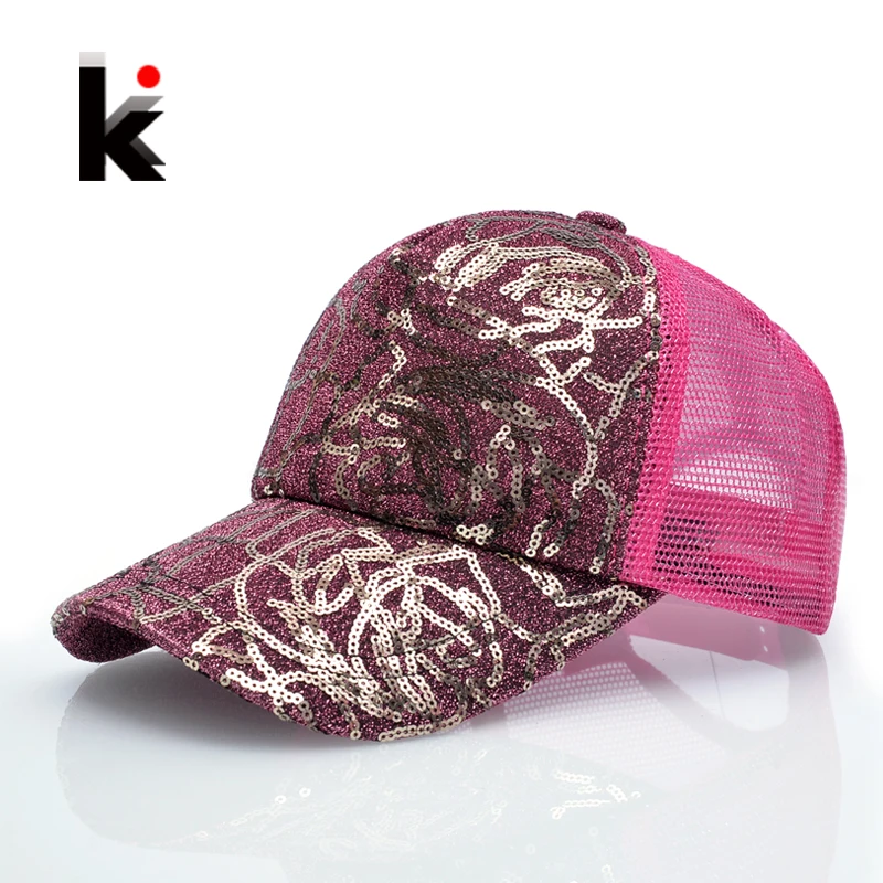 

Womens Sequins Flashes 5 Panel Trucker Cap Hip Hop Sun Breathable Mesh Hat Summer Baseball Hats For Women Gorras