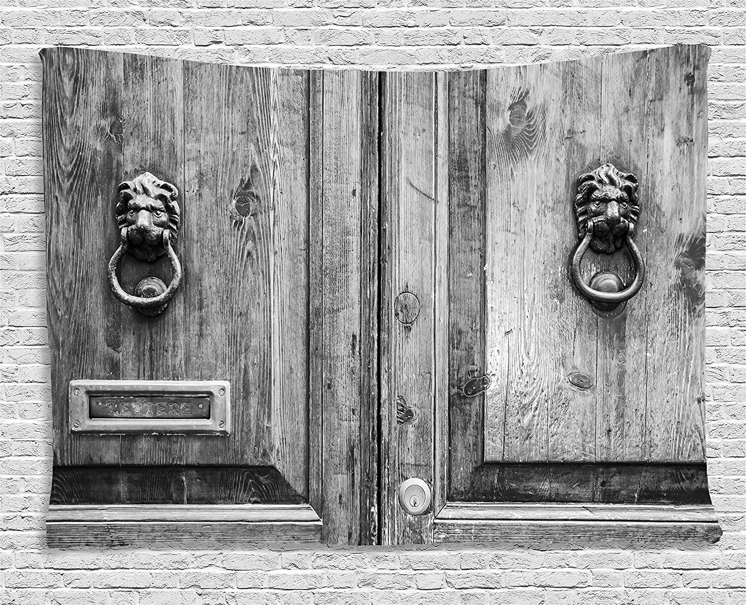 Rustic Tapestry Decor Black and White Photography of Tuscany House Doorway Florence with Lion