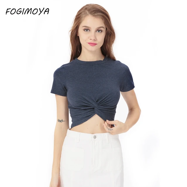 Fogimoya укороченный Топ Футболка Для женщин 2018 г. летние пикантные o Средства ухода за кожей Шеи wilid Простые Топы с короткими рукавами Для женщин S хлопковые футболки Новый