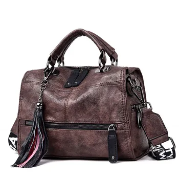 

Retro Fashion Handbags Women Soild Soft Leather Shoulder Bags Leisure Tassel Ladies Crossbody Bag Wide Shoulder Strap Totes Sac