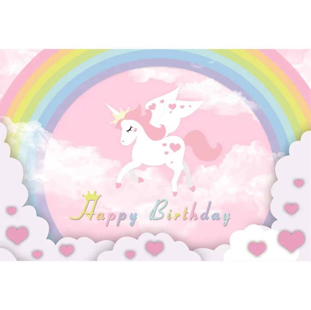 Laeacco Rainbow Backgrounds Sweet Unicorn Party Baby Birthday Pink Love Heart Poster Photography Backdrops For Photo Studio