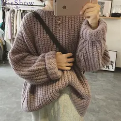 Повседневные свободные теплые зимние женские свитера пуловеры 2019 однотонные трикотажные с круглым вырезом Модные эластичные хлопковые