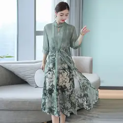 Азиатский Размеры 2019 новый китайский цветочный платье с принтом + шифон платье на бретелях 2 шт костюмы устанавливает Большие размеры cheongsam