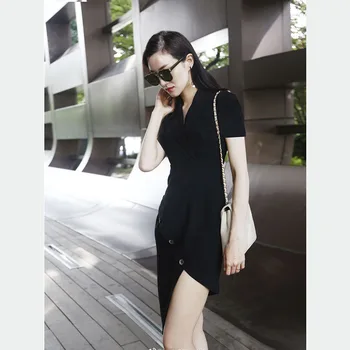 

Star Style Dress 2019 High Quality Runway Notched Neck Short Sleeve Solid Black Dresses Casual Dress Vestidos NP0686J
