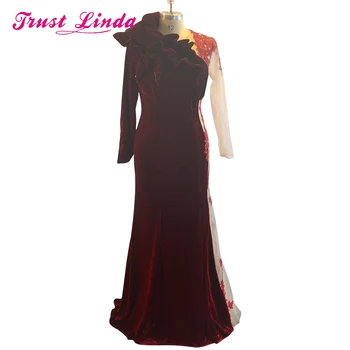 

Gorgeous Long Mother Dresses O Neckline Lace Appliques Velvet Wine Burgundy Mermaid Evening Dreses Prom Gowns Robe de Soiree