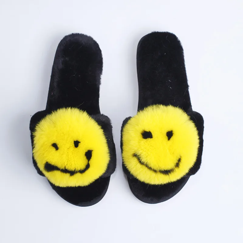 

Women's Slippers 2018 Winter Warm Cozy Flock Flat Basic Shoes Women Indoor Faux Fur Soft Yellow Smile Home Slippers SA17