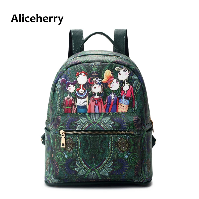 Fashion Women Backpack For Girls Printing Cartoon Backpacks Female Vintage Girls Bags Feminine Green Backpack