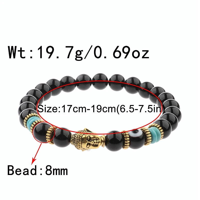 Charm Buddha&Evil Eye Bracelet Women 8mm Elastic Round Bright Black Stone Chakra Bracelets Men Erkek Bileklik Homme