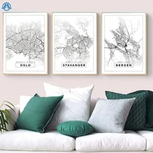 Mapa da cidade da noruega minimalista pintura em tela preto e branco pop poster impressão nordic arte da parede fotos para sala de estar decoração casa