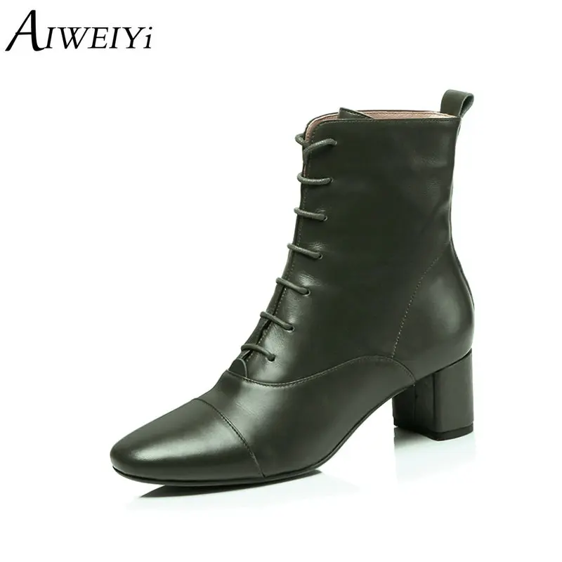 

AIWEIYi Fashion Lace Up Ankle Boots Genuine Leather Round Toe Shoes High Quality Cow Leather Autumn Women Boots