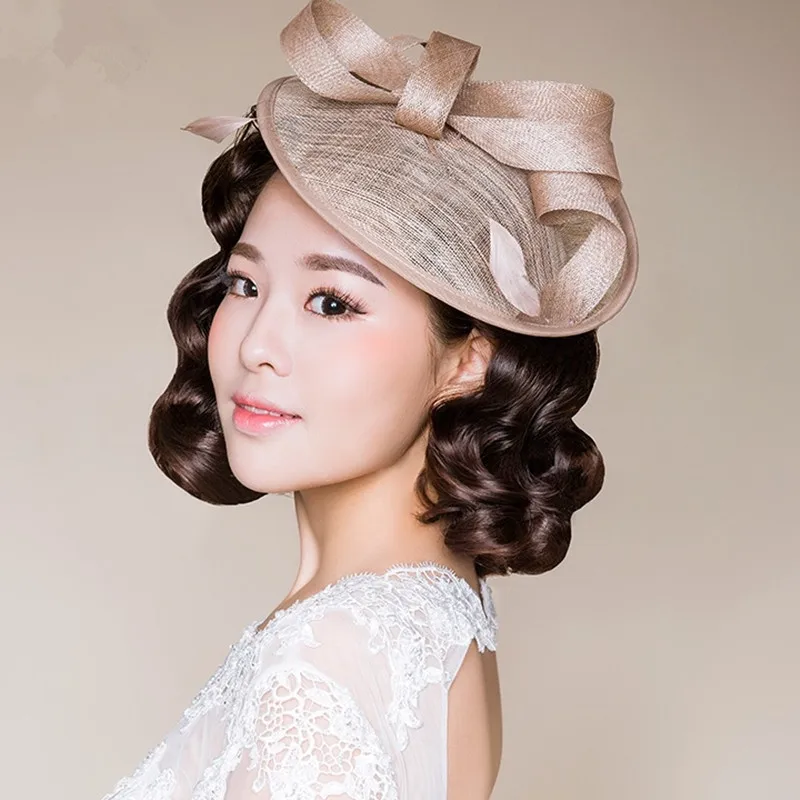 

2019 Women Bridal Hat Linen with Feather Lady Chic Fascinator Hat Cocktail Wedding Party Church Headpiece Hair Accessories