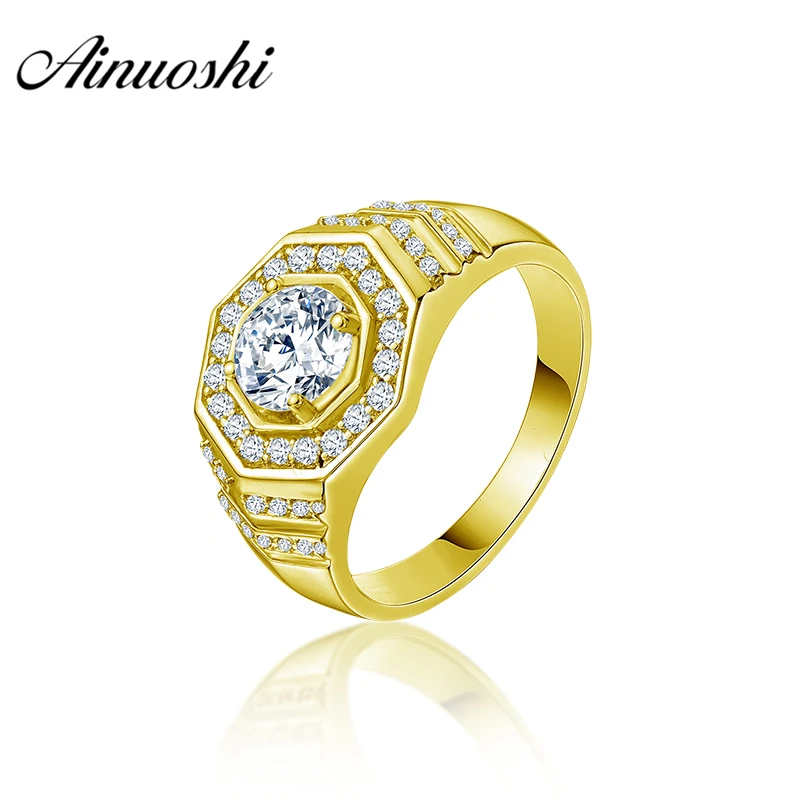 

AINUOSHI 10K Solid Yellow Gold Men Ring Round Cut Geometric Ring Engagement Wedding Male Jewelry 4.9g Exquisite Wedding Band