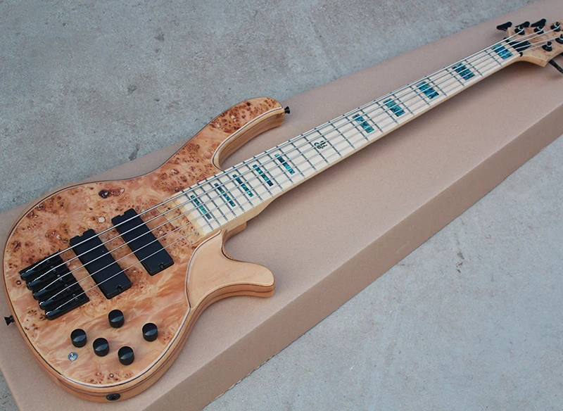 

Wood Color 5 Strings Electric Bass Guitar with Tree-burl Veneer,Maple Fretboard,Black Hardwares,offering customized services