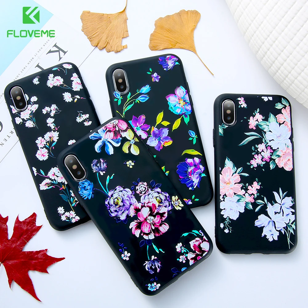 

FLOVEME Soft Silicon Case for iPhone X 7 8 plus Cute Phone Case for iPhone 7 6 6s plus 3D Relief Flower Cover for iPhone 5s Capa