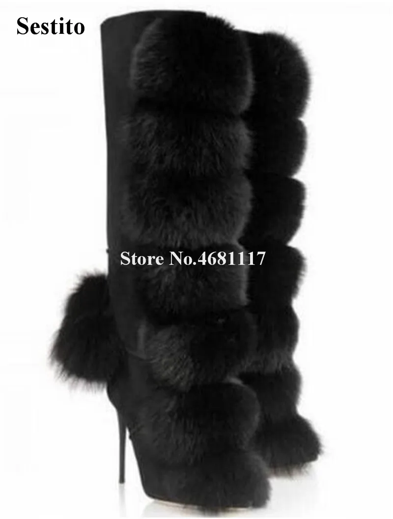 

Women Winter Luxurious Fur Ball Decroated Suede Leather Knee High ThinHeel Boots Lace-up Black Fur Long High Heel Boots