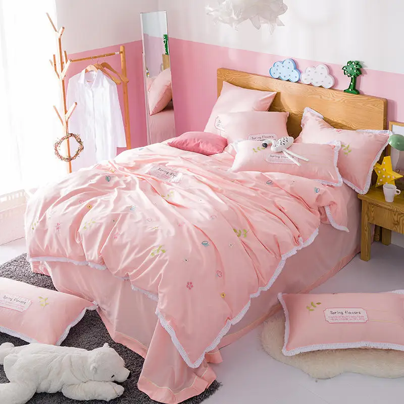 

pink princess bedding set queen size lace edge egyptian cotton bed linen embroidered home textile bed sheet cover kids girls hot