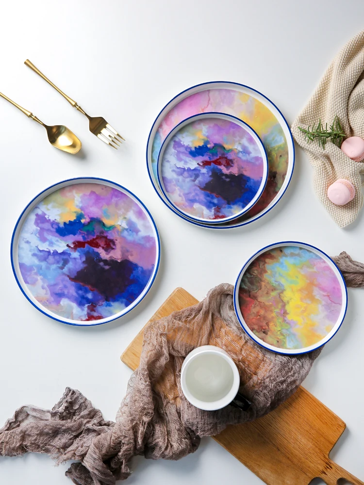 

Creative Ceramic Plate Hand Painted Rainbow Porcelain Dish Western Dinner Plates Service Tray