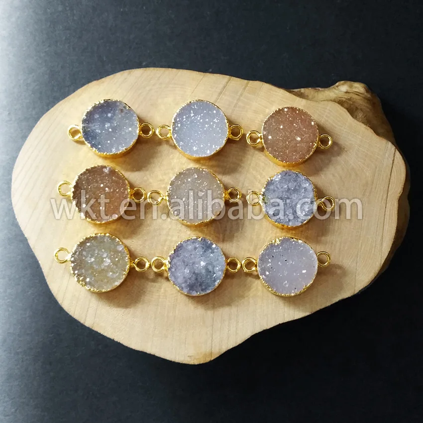 WT-C088Tiny Круглый Агат камень разъем Druzy Камень Агат Подвески Блестящий Sparkly разъем с золотой отделкой