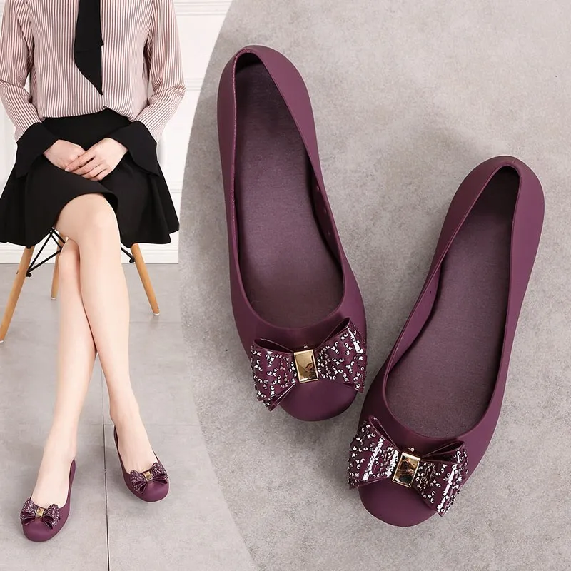 EOEODOIT/прозрачная обувь на плоской подошве; женская летняя Праздничная обувь; обувь для дождливой погоды; обувь с квадратным носком на плоской подошве; пляжная Песочная водонепроницаемая обувь; сандалии с бантом - Цвет: Фиолетовый