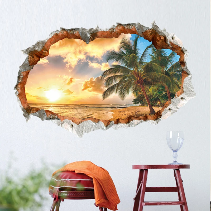 Sunshine Beach Sea Sun Tree 3d window hole view vinyl wall stickers kids living room sofa wall home office landscape mural art 1