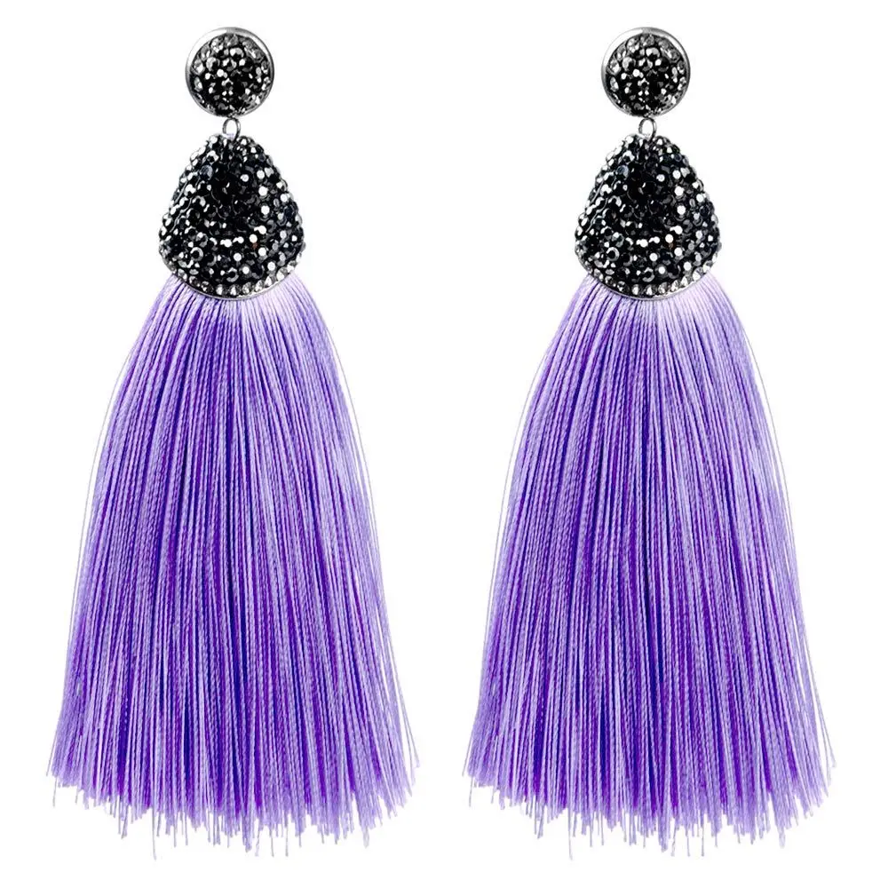 Винтажные длинные шелковые серьги-кисточки с кристаллами в богемном стиле, женские серьги-подвески из нержавеющей стали, стразы, ювелирные изделия в богемном стиле - Окраска металла: Light Purple