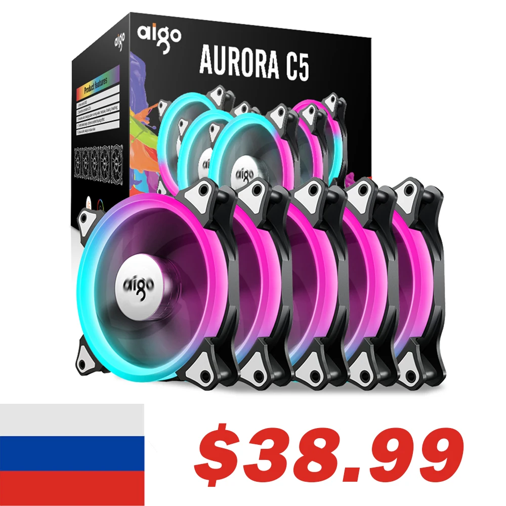 Aigo C5 5 Pack PC Case Cooling Fan 120mm RGB LED Computer CPU Cooler