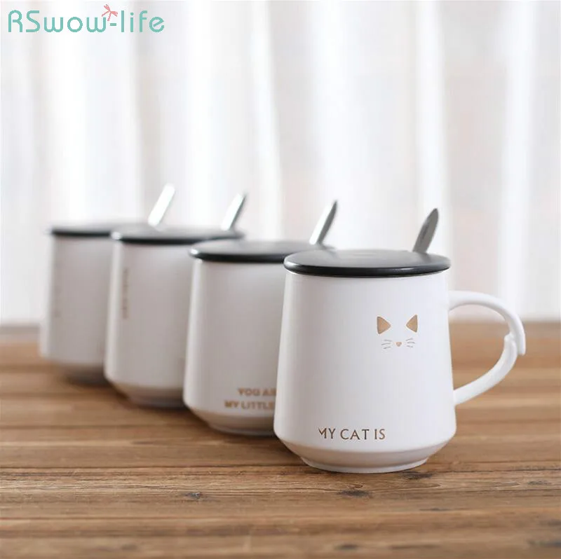 

Cartoon Cat Coffee Tea Cup Office Household Drinking Cup Couple Ceramic Cup Creative Gift Mug with Spoon Lid