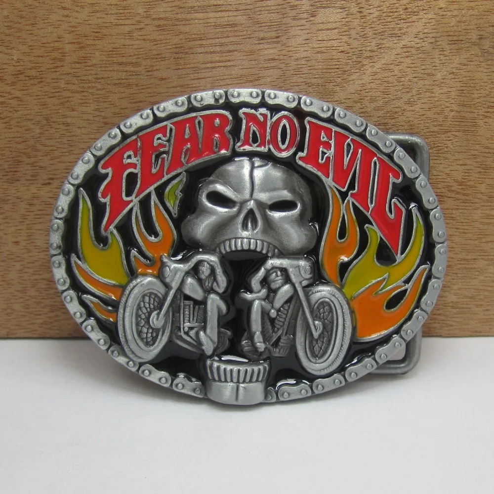 BuckleClub zinc alloy retro FEAR NO EVIL motor skull jeans gift cowboy belt buckle FP-02063 with 4cm width loop drop shipping
