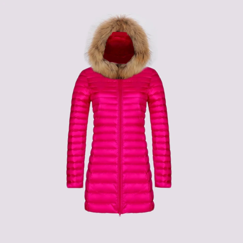 Толстовка с мехом енота, Женская куртка с капюшоном, ультра-светильник, пуховик на утином пуху, длинное женское пальто, парки с сумкой для переноски - Цвет: rose