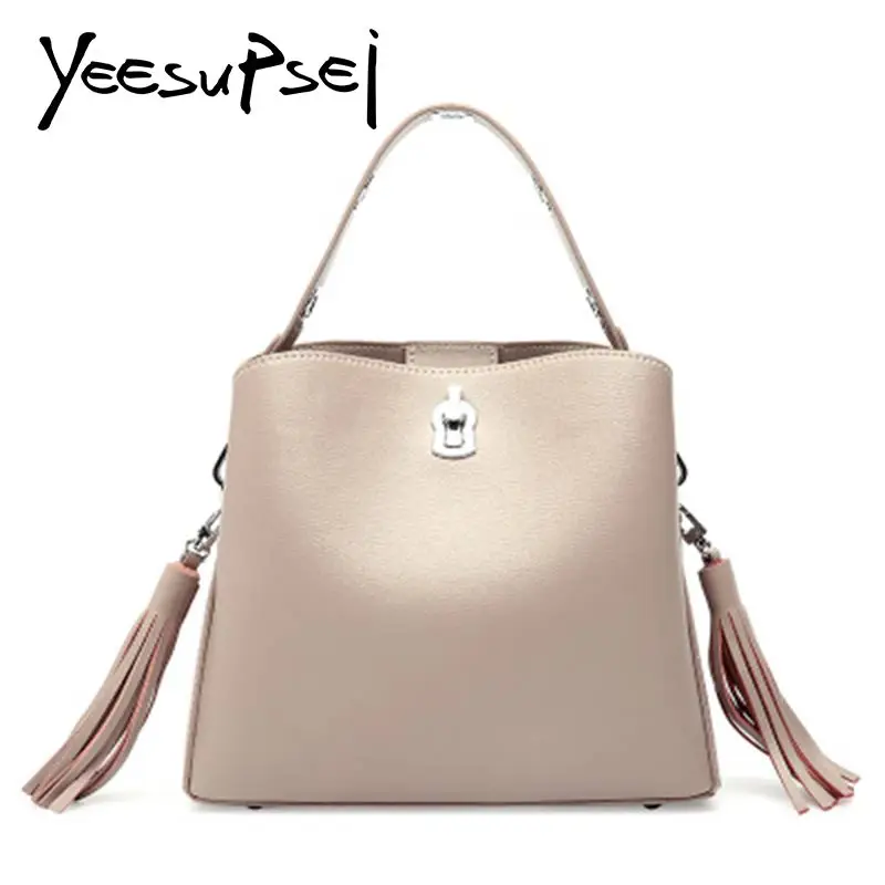 

YeeSupei Women Shopping Handbag Tassel Bucket Totes Female Fashion Genuine Leather Shoulder Bags Ladies Delicate Zipper Handbags