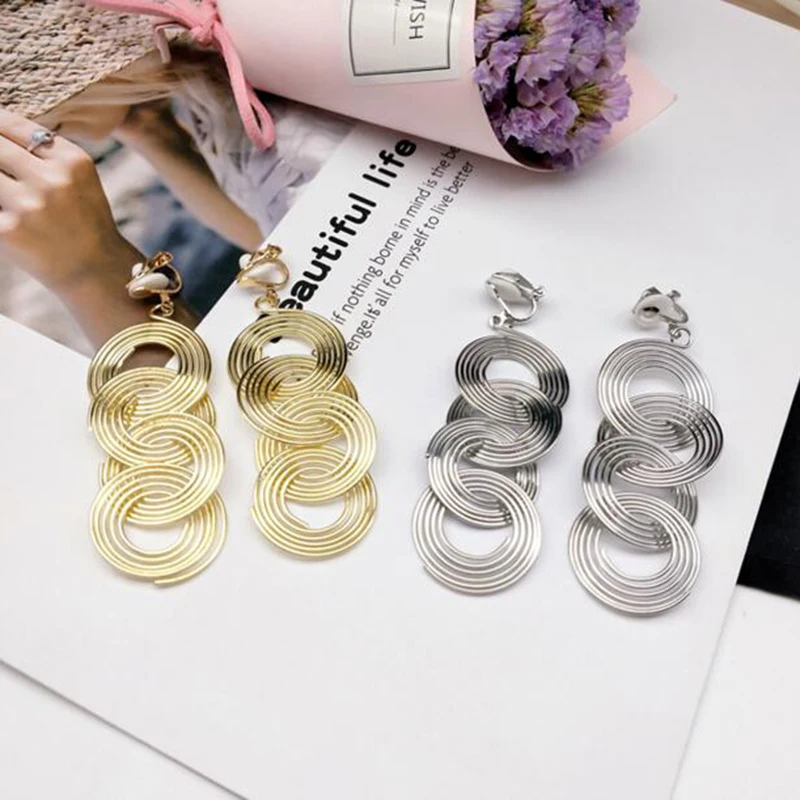 

Grace Jun European and American Multi-layer Circle Clip on Earrings for Women Luxury Fashion Big Pierced Earrings Charm Jewelry