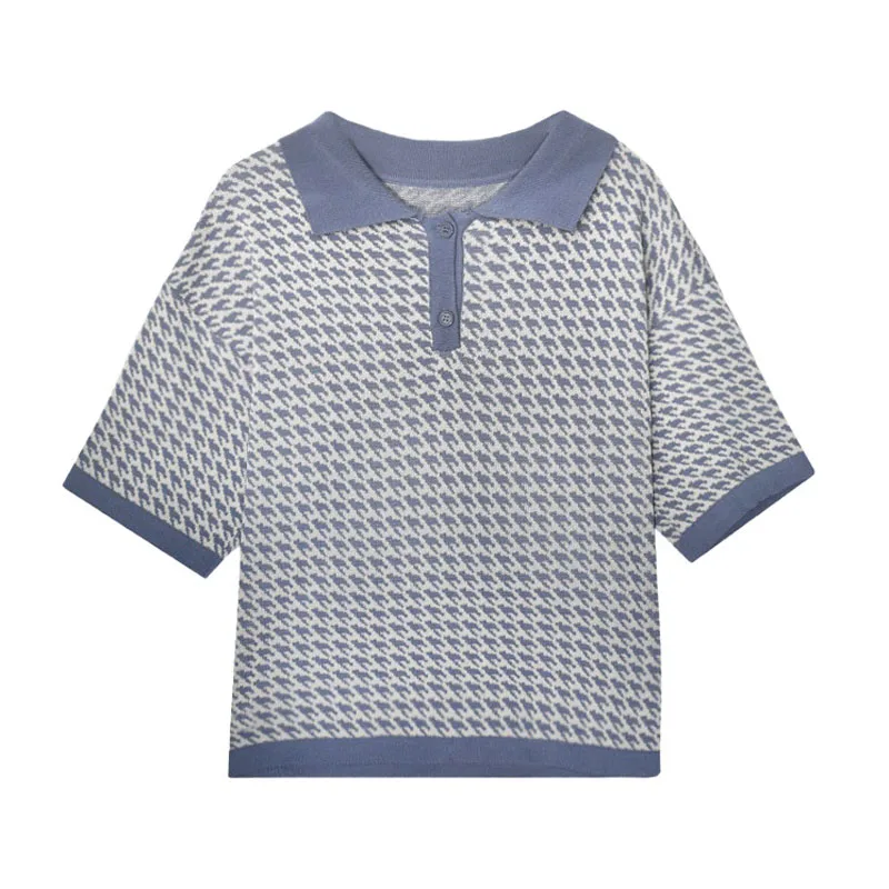 

PERHAPS U women knitted houndstooth turn down collar polo shirt gray orange short sleeve elegant B0328