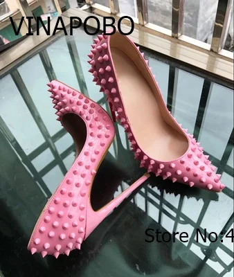 VINAPOBO Rivet Studded Pointed Toe High Heels Red Lady Pumps Patent Leather Sweet Pink Shoes Slip On Wedding Women Stilettos