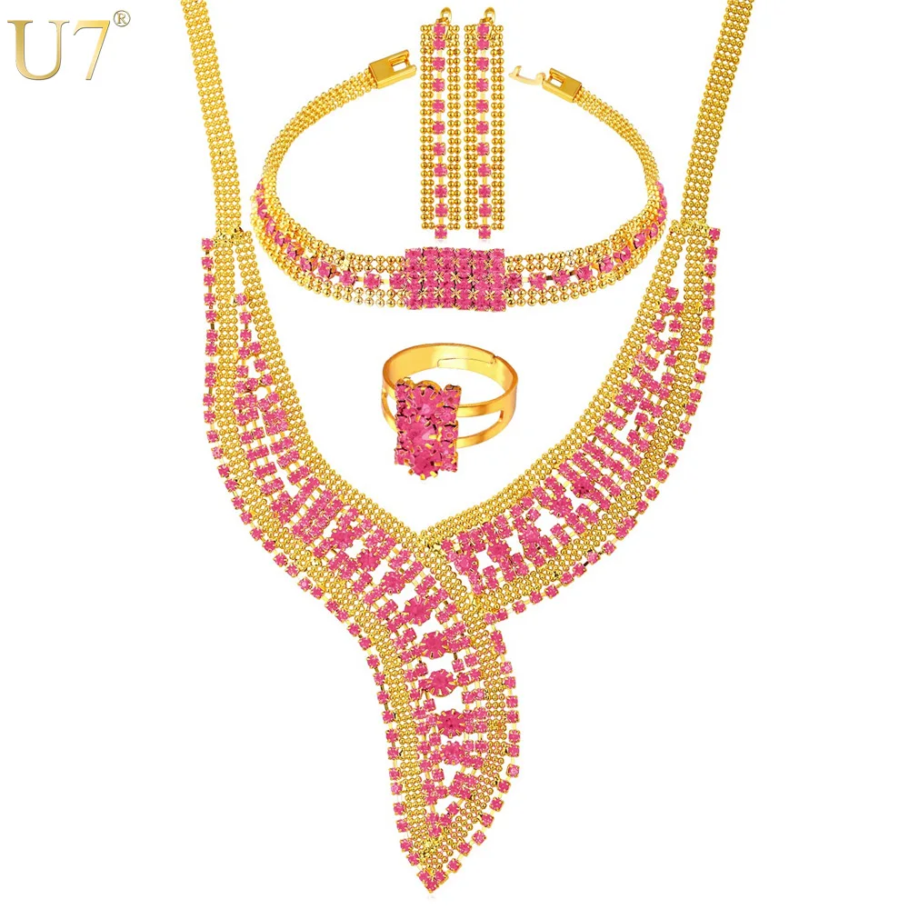 

U7 New Fashion Pink Nigerian Jewelry Set For Women Gift Wholesale Trendy Gold Color Chunky Wedding Bridal Jewelry Set S865