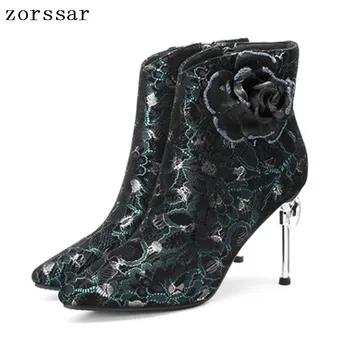 

{Zorssar} Plus Size 33-41 Sexy Thin High heel Women Ankle Boots Winter Suede leather Fashion Flower Female Booties Banquet shoes