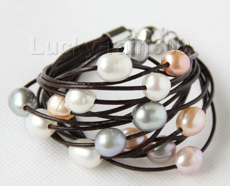 

shipping8" 13mm 15row white pink gray purple pearls wine red leather bracelet e2397 5.25