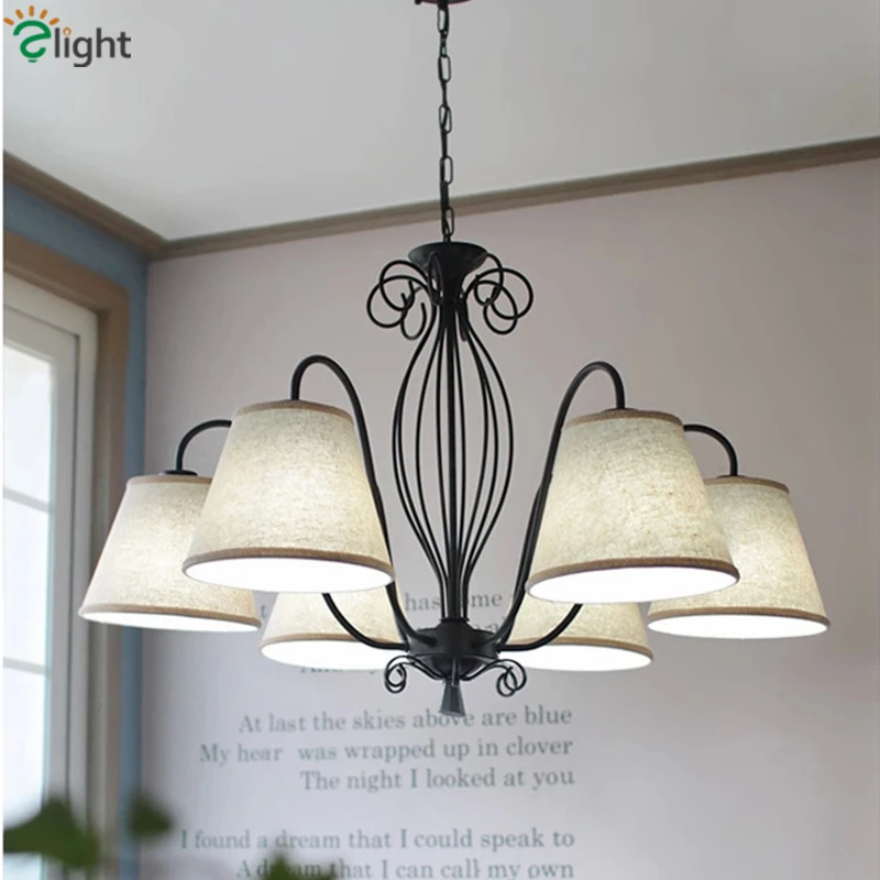 

American Vintage Iron Led Pendant Chandeliers Luminaria Fabric Shades Dining Room Led Chandelier Lighting Hanging Lights Fixture