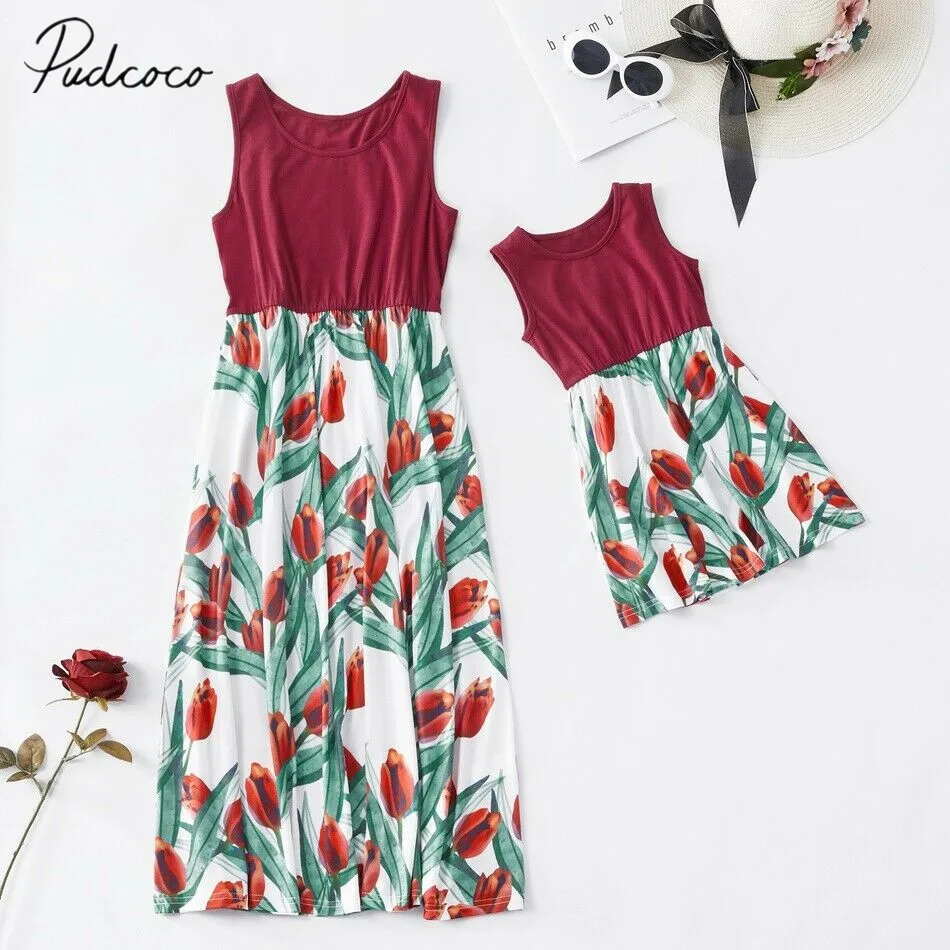 

2019 Baby Summer Clothing Family Matching Dress Mother Daughter Floral Maxi Dresses Outfits Parent-Child Patchwork Sundress