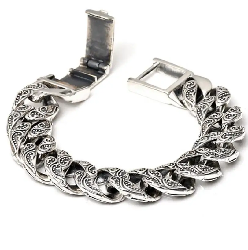 Heavy thick carved link chain flat chross bangle solid silver braceletin Chain & Link Bracelets