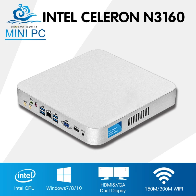 Intel CPU Mini PC Fanless Computer Mini Windows 10 Celeron N3160 Quad Cores HTPC HD Graphics